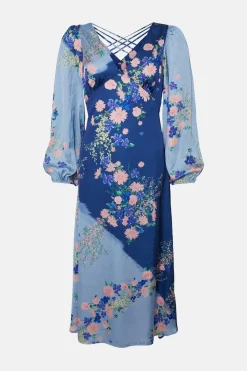 Fashion Oasis Trailing Floral Satin Back Detail Midi Dress Blue