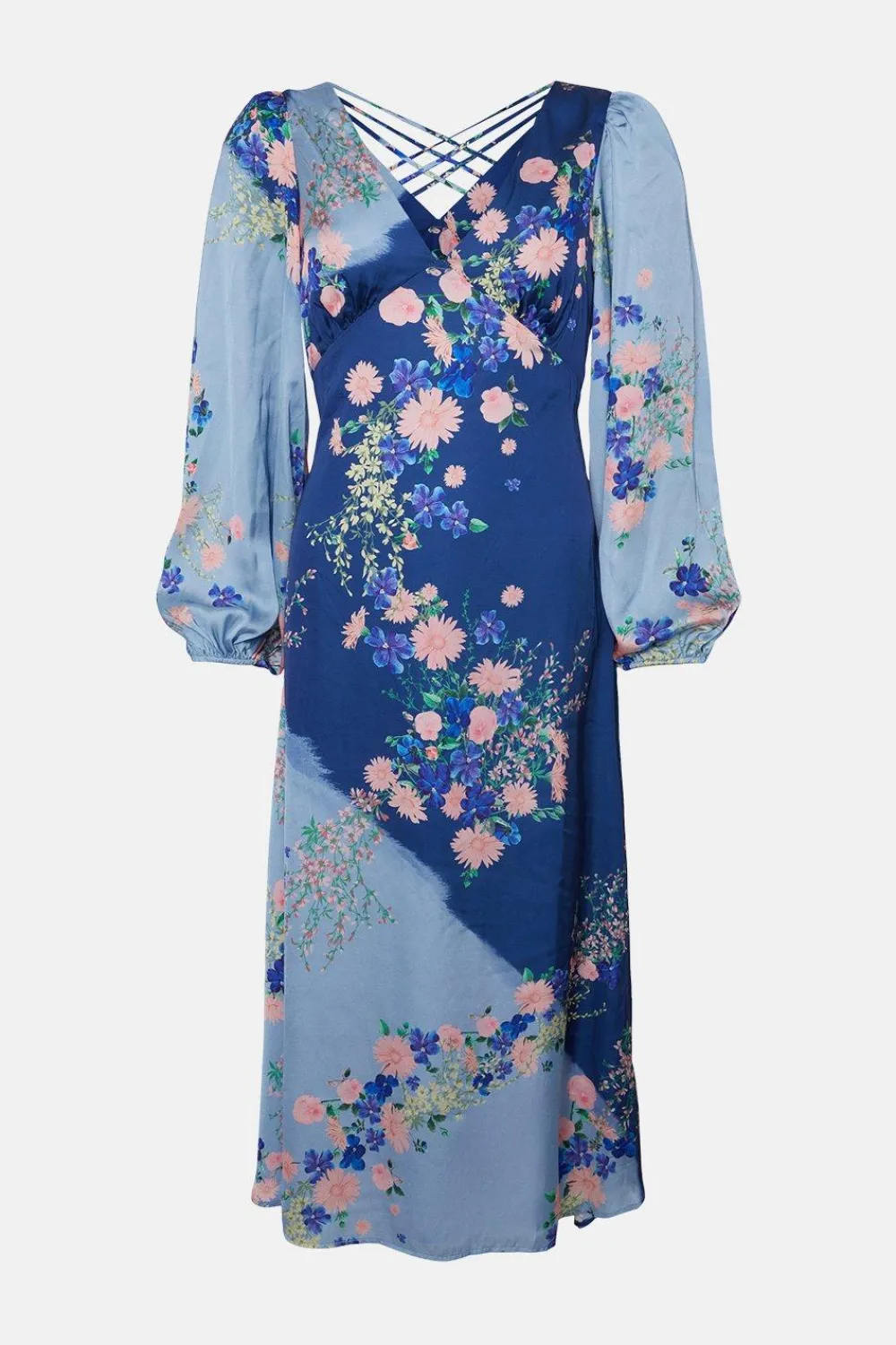 Fashion Oasis Trailing Floral Satin Back Detail Midi Dress Blue