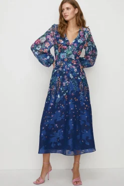Hot Oasis Trailing Floral Satin Burnout V Neck Midi Dress Navy