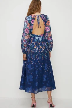 Hot Oasis Trailing Floral Satin Burnout V Neck Midi Dress Navy