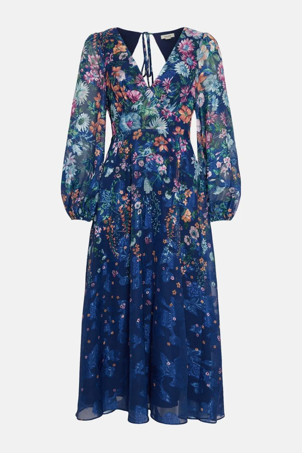 Hot Oasis Trailing Floral Satin Burnout V Neck Midi Dress Navy