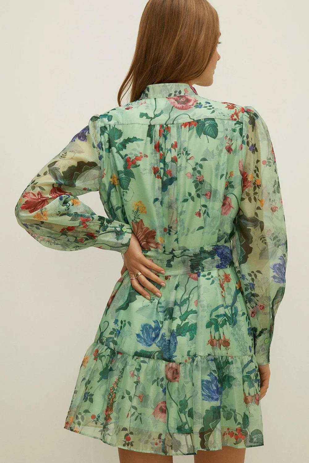 New Oasis Trailing Flower Organza Mini Shirt Dress Sage