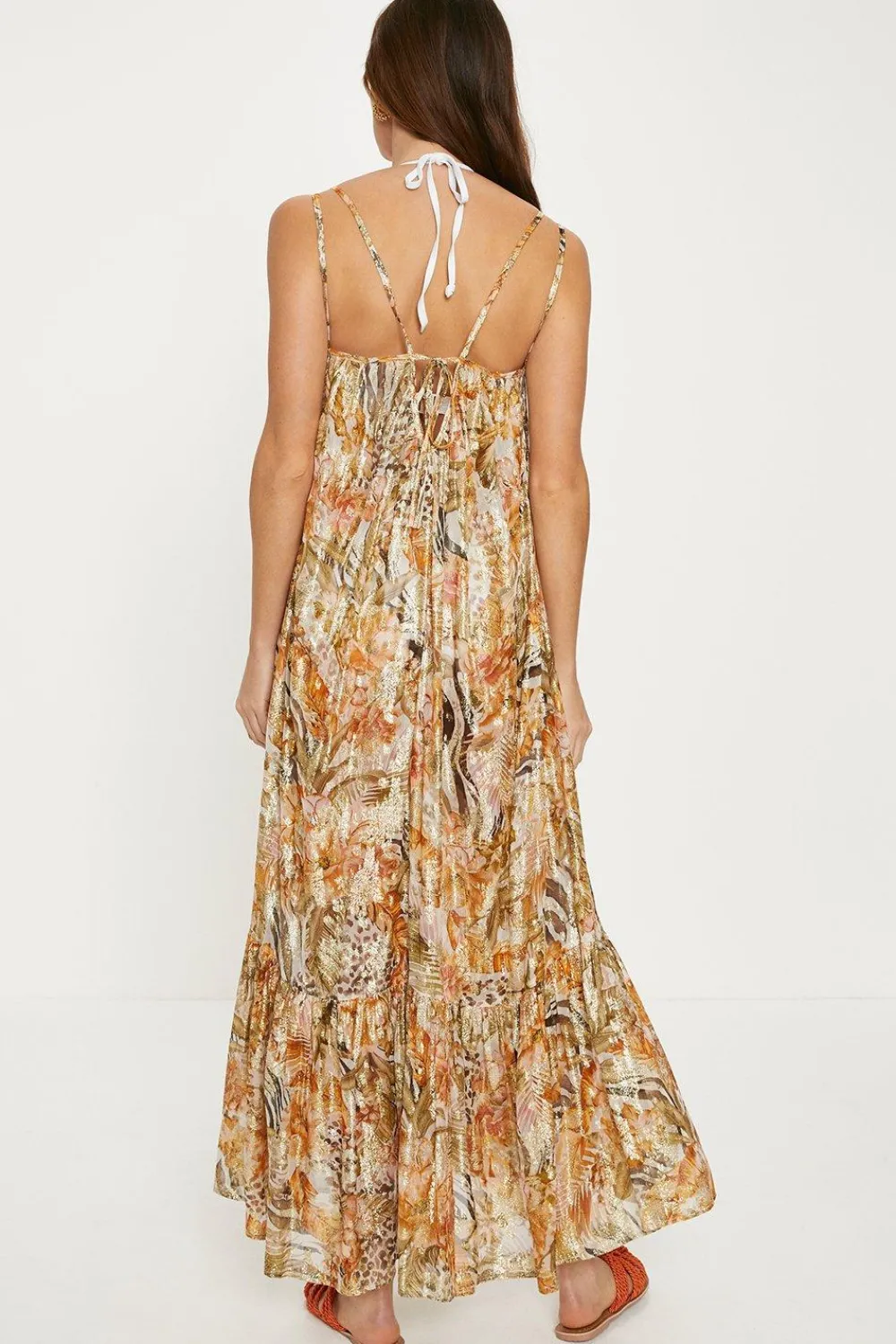 Outlet Oasis Tropical Animal Metallic Double Strap Midi Dress Neutral