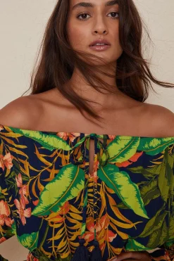 Clearance Oasis Tropical Floral Bardot Dress Green