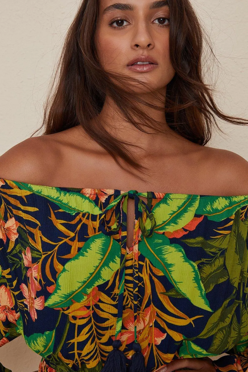 Clearance Oasis Tropical Floral Bardot Dress Green