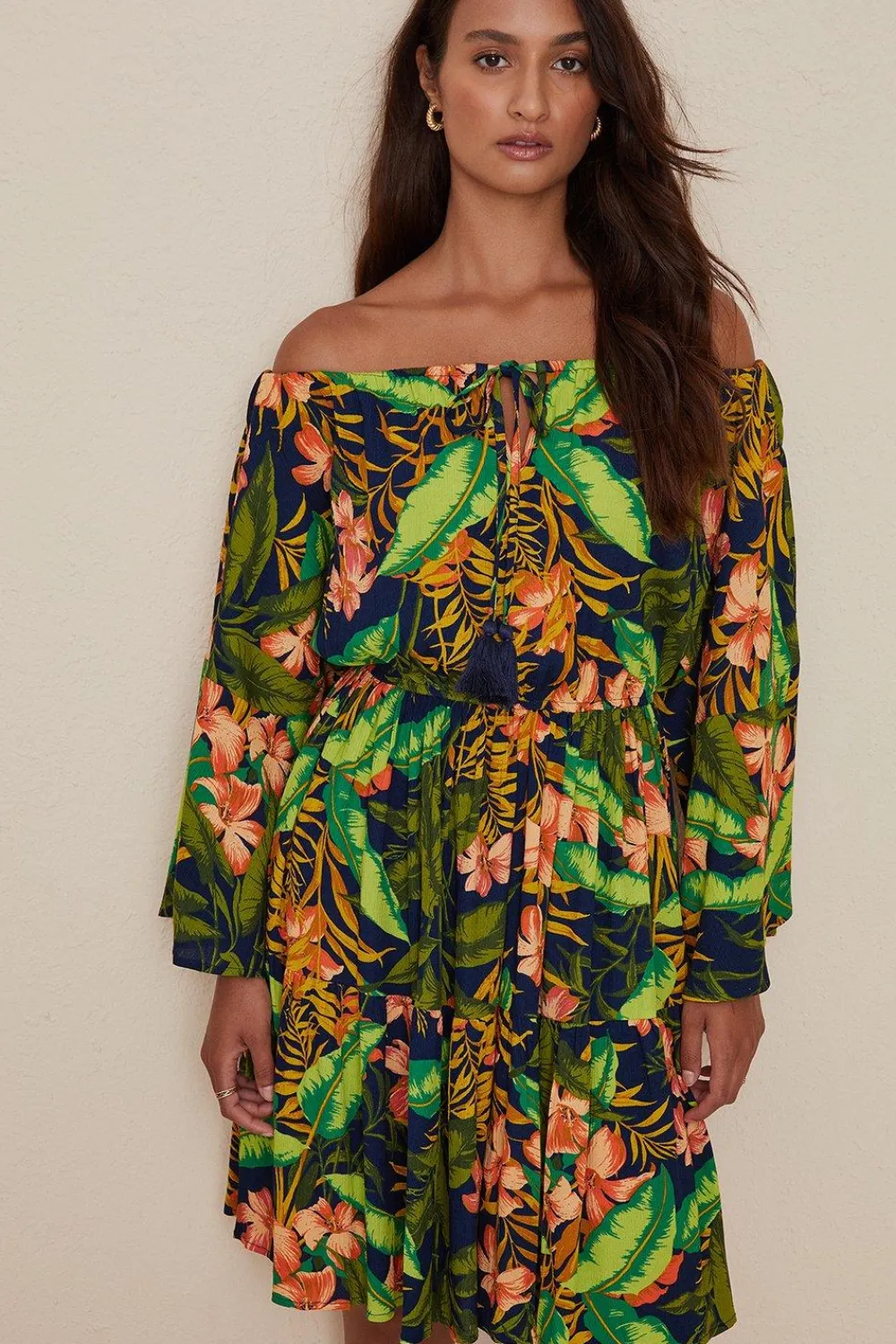 Clearance Oasis Tropical Floral Bardot Dress Green