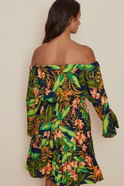 Clearance Oasis Tropical Floral Bardot Dress Green