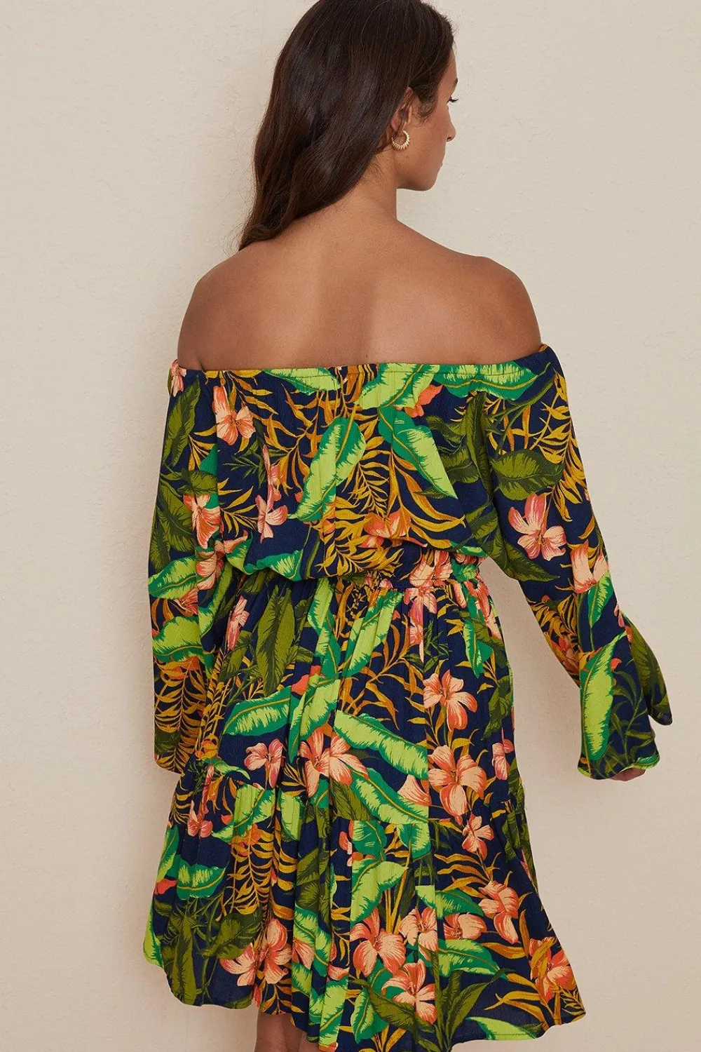 Clearance Oasis Tropical Floral Bardot Dress Green