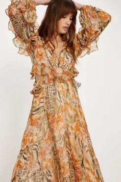 Fashion Oasis Tropical Metallic Ruffle Sleeve Midi Dress Animal