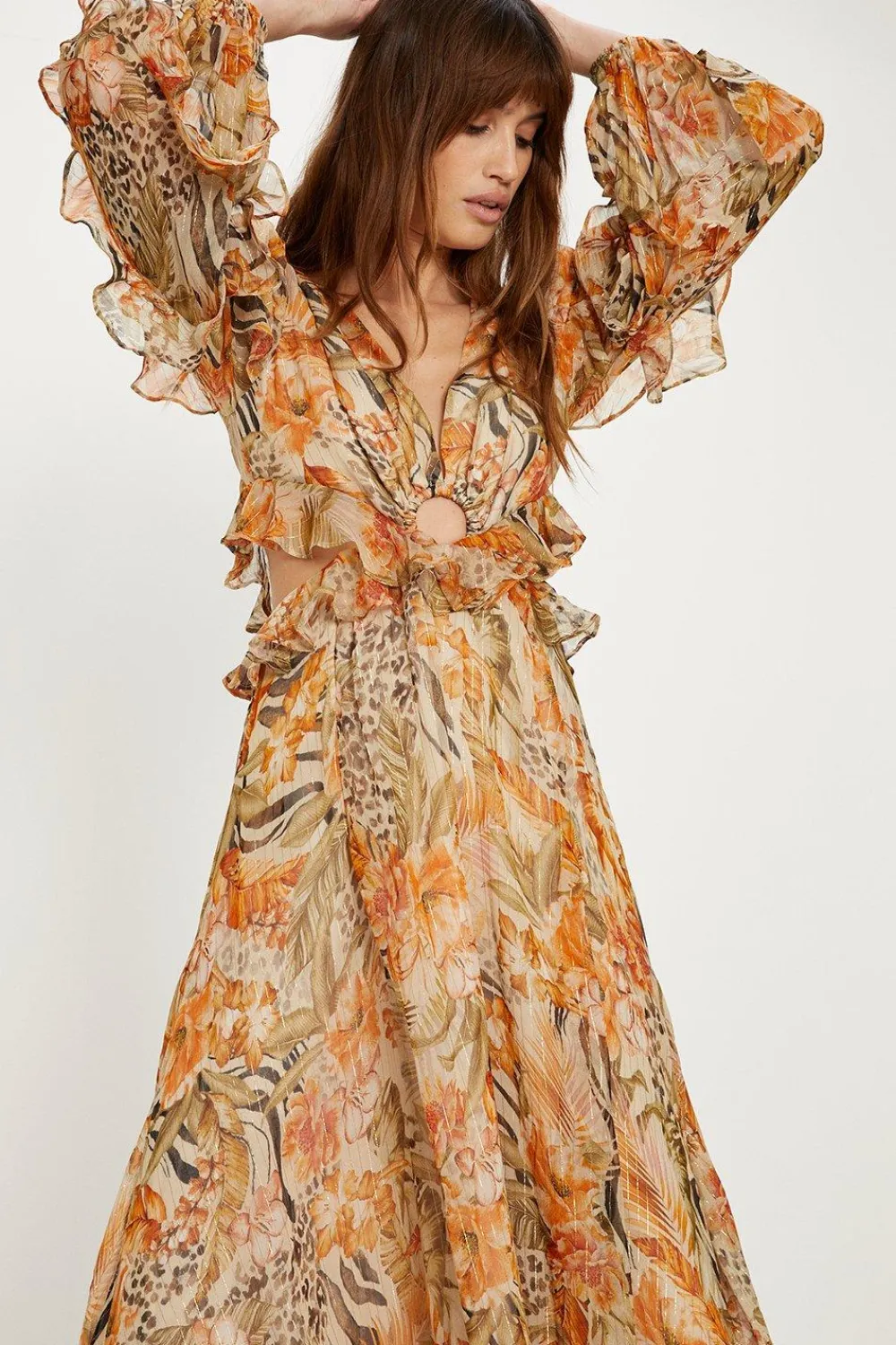 Fashion Oasis Tropical Metallic Ruffle Sleeve Midi Dress Animal