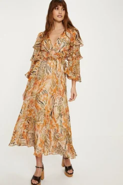 Fashion Oasis Tropical Metallic Ruffle Sleeve Midi Dress Animal