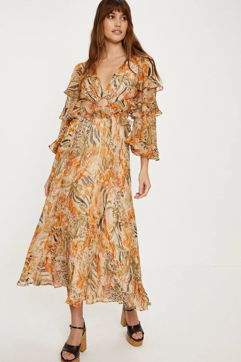 Fashion Oasis Tropical Metallic Ruffle Sleeve Midi Dress Animal