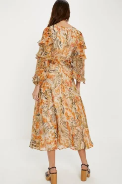 Fashion Oasis Tropical Metallic Ruffle Sleeve Midi Dress Animal