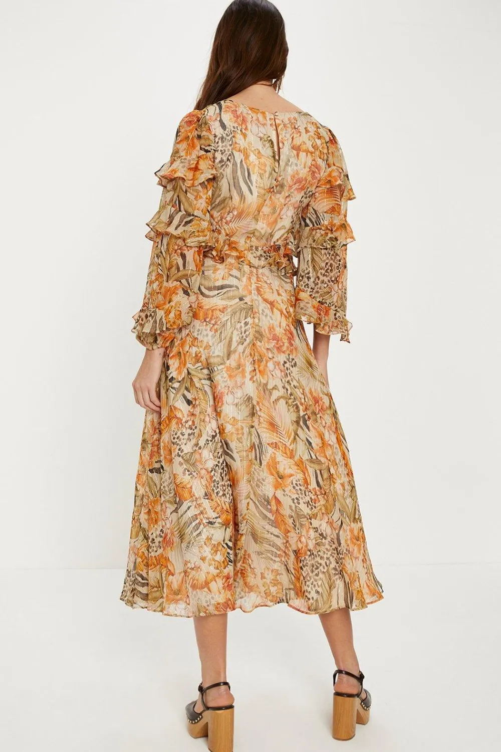 Fashion Oasis Tropical Metallic Ruffle Sleeve Midi Dress Animal