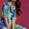 Clearance Oasis Tropical Plisse Short Sleeve Button Through Shirt Blue