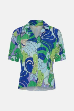 Clearance Oasis Tropical Plisse Short Sleeve Button Through Shirt Blue