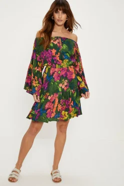 Best Oasis Tropical Print Crinkle Shirred Bardot Dress Multi