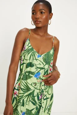 Fashion Oasis Tropical Print Strappy Midi Dress Green