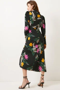 Clearance Oasis Tropical Printed Keyhole Midi Dress Black