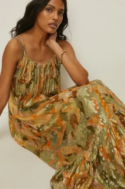 Fashion Oasis Tropical Printed Metallic Midi Dress Floral