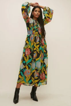 Online Oasis Tulip Printed Metallic Frill Neck Midi Dress Multi