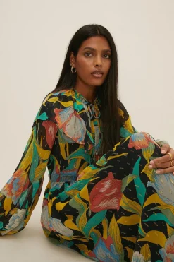 Online Oasis Tulip Printed Metallic Frill Neck Midi Dress Multi