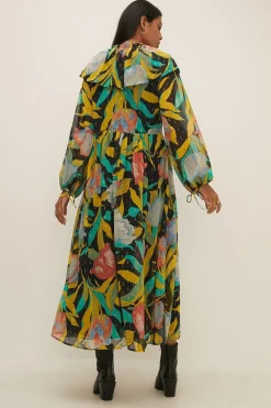 Online Oasis Tulip Printed Metallic Frill Neck Midi Dress Multi
