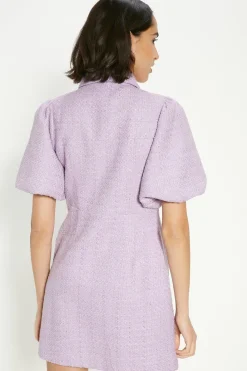 Outlet Oasis Tweed Puff Sleeve Zip Through Mini Dress Lilac
