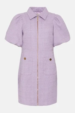 Outlet Oasis Tweed Puff Sleeve Zip Through Mini Dress Lilac
