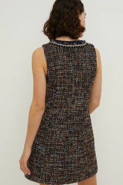Hot Oasis Tweed Trimmed Button Through Mini Dress Navy