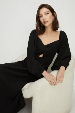 Fashion Oasis Twist Front Bardot Crepe Midi Dress Black