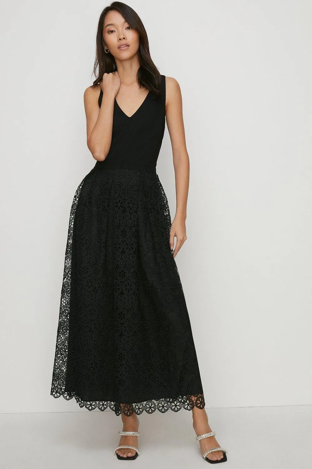 Online Oasis V Neck Lace Skirt Midi Dress Black