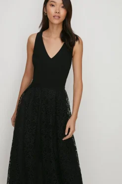 Online Oasis V Neck Lace Skirt Midi Dress Black