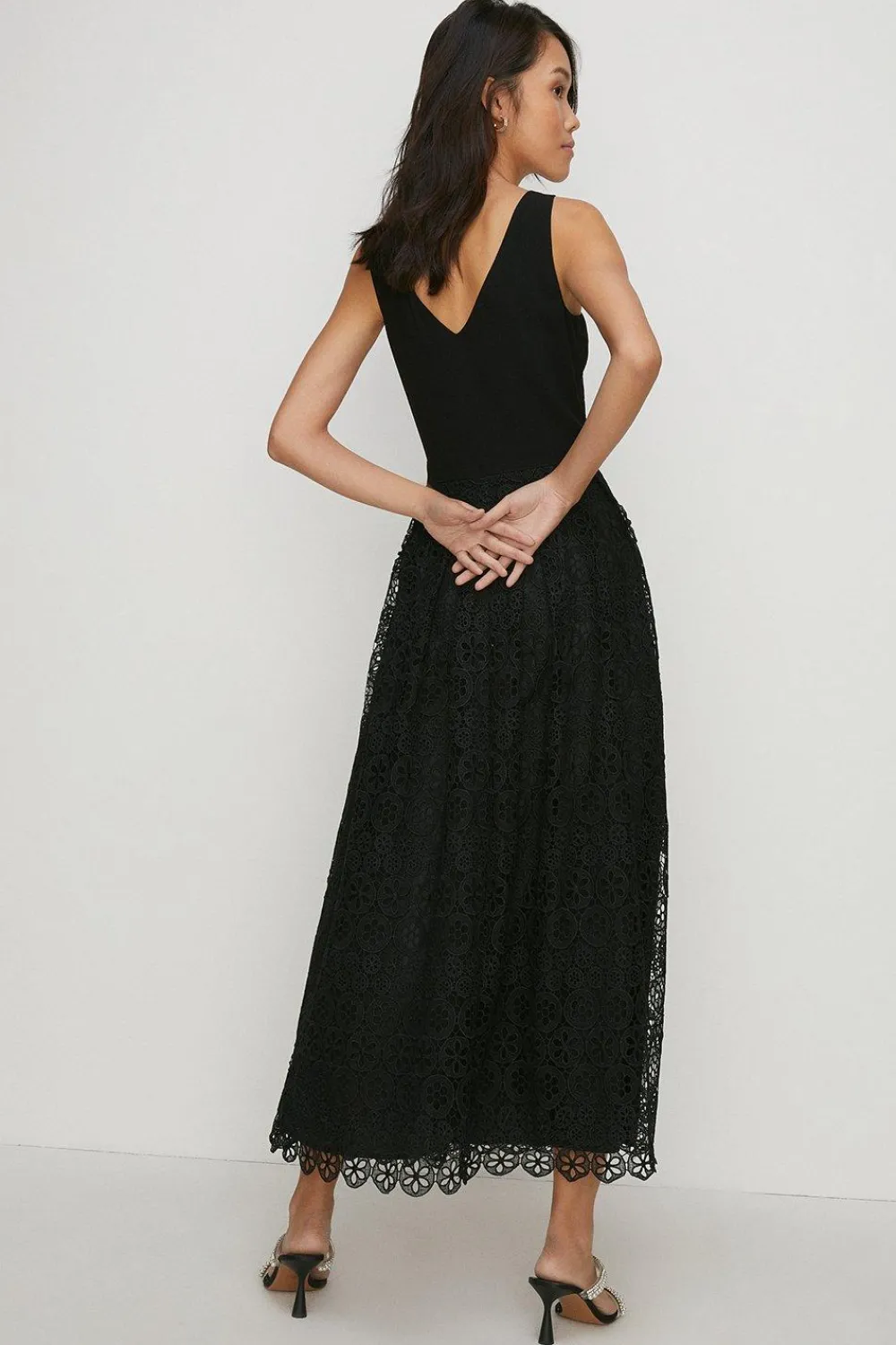 Online Oasis V Neck Lace Skirt Midi Dress Black