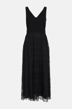 Online Oasis V Neck Lace Skirt Midi Dress Black