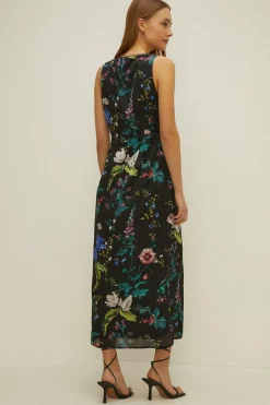 Hot Oasis V Plunge Floral Printed Satin Midaxi Dress Black