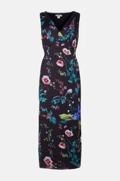 Hot Oasis V Plunge Floral Printed Satin Midaxi Dress Black