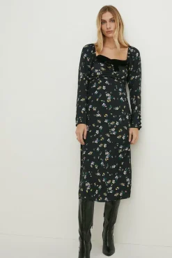 Fashion Oasis Velvet Bow Ditsy Printed Midi Dress Black