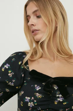 Fashion Oasis Velvet Bow Ditsy Printed Midi Dress Black