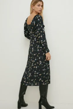 Fashion Oasis Velvet Bow Ditsy Printed Midi Dress Black
