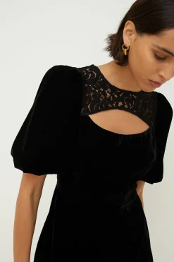 Sale Oasis Velvet Cut Out Lace Detail Mini Dress Black