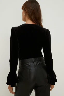 Clearance Oasis Velvet Frill Cuff Bodysuit Black