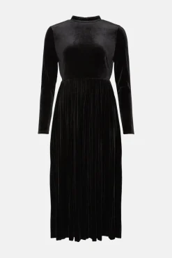 Sale Oasis Velvet Funnel Neck Pleated Skirt Midi Dress Black