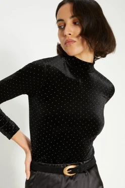 Hot Oasis Velvet Gold Stud Funnel Neck Top Black