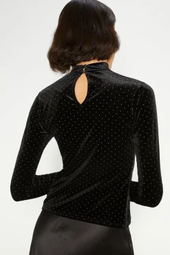 Hot Oasis Velvet Gold Stud Funnel Neck Top Black