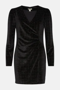 Hot Oasis Velvet Houndstooth Wrap Detail Mini Dress Black