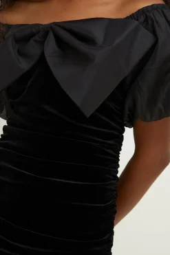 New Oasis Velvet Ruched Dress With Organza Bow Detail Black