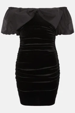 New Oasis Velvet Ruched Dress With Organza Bow Detail Black