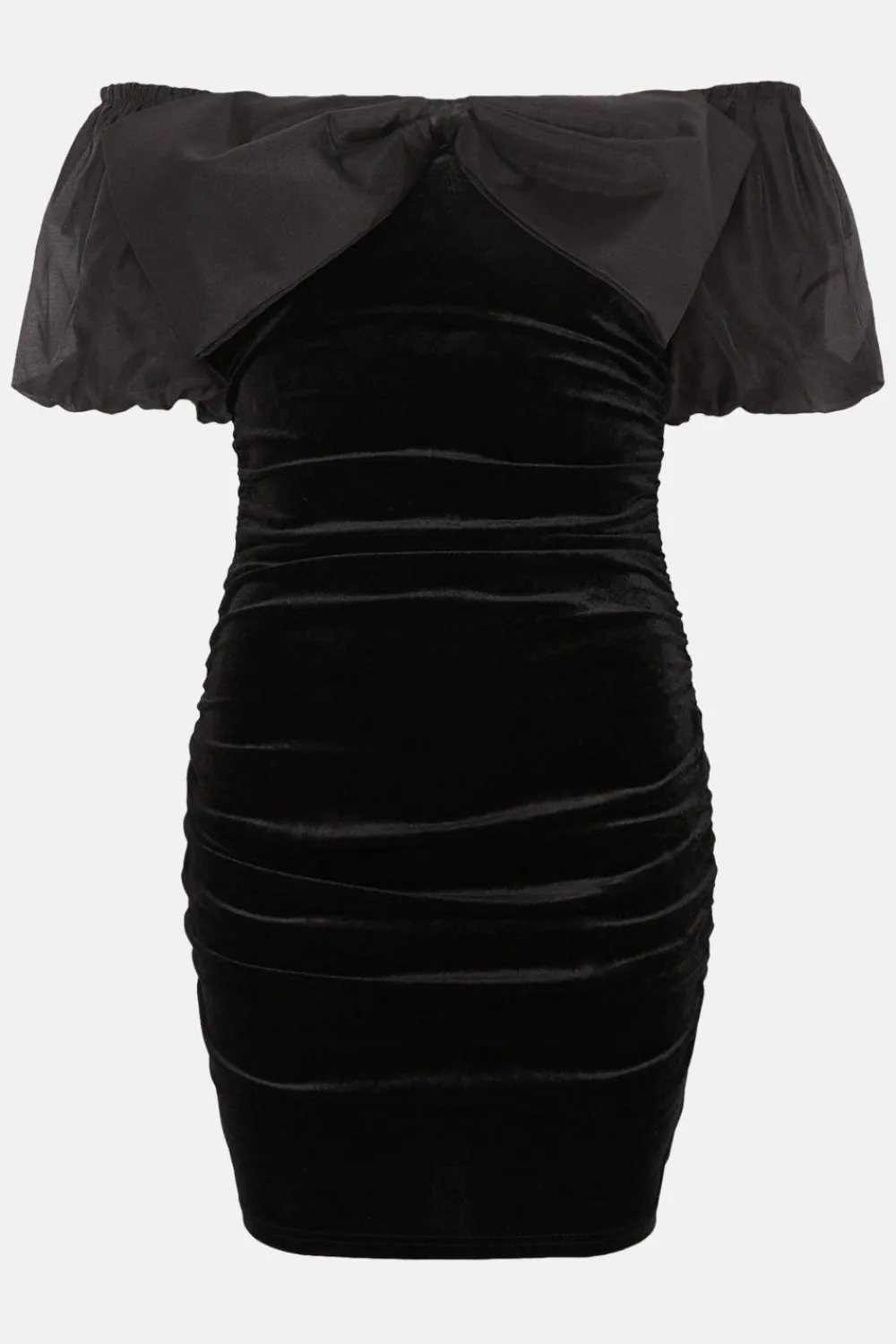 New Oasis Velvet Ruched Dress With Organza Bow Detail Black