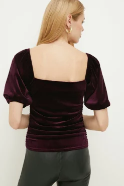 New Oasis Velvet Ruched Puff Sleeve Top Aubergine